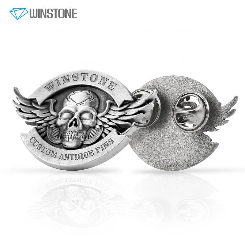 Custom Alloy Wing Skull 3d Die Cast Mc Lapel Pins With Antique Pewter Finishing